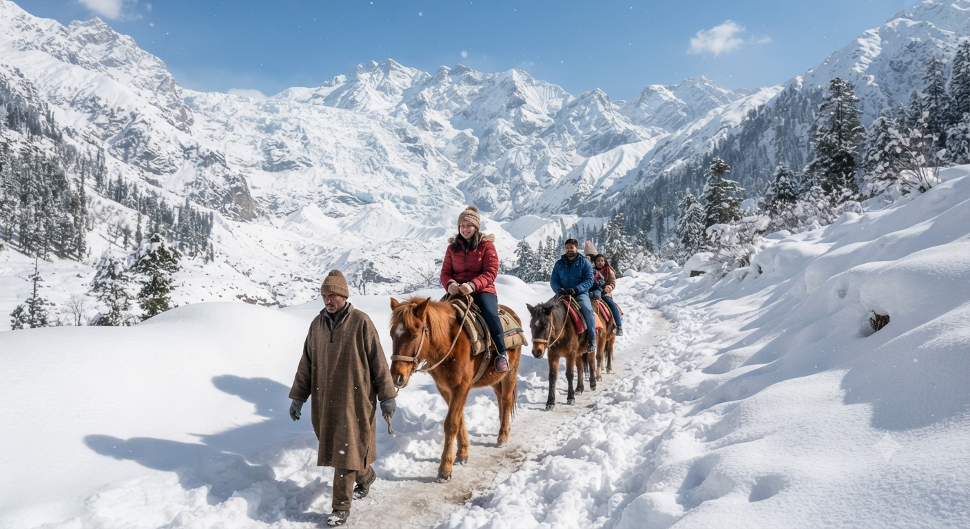 Kashmir Winter Tour Packages 2026 | Snow & Ski Deals 12 Kashmir winter tour packages - pony ride to Thajiwas Glacier in Sonamarg