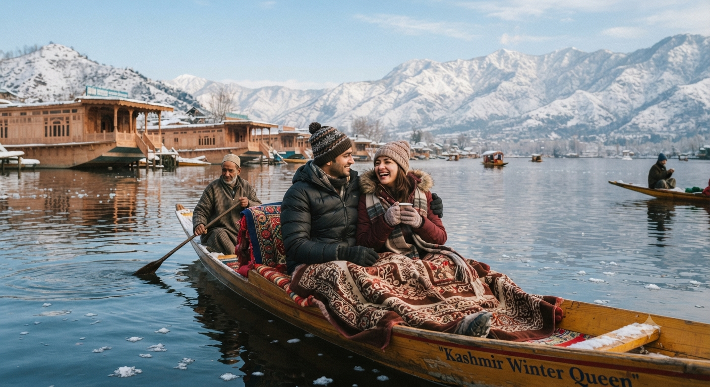 Kashmir Winter Tour Packages 2026 | Snow & Ski Deals 9 Kashmir winter tour packages - romantic shikara ride on snow-covered Dal Lake