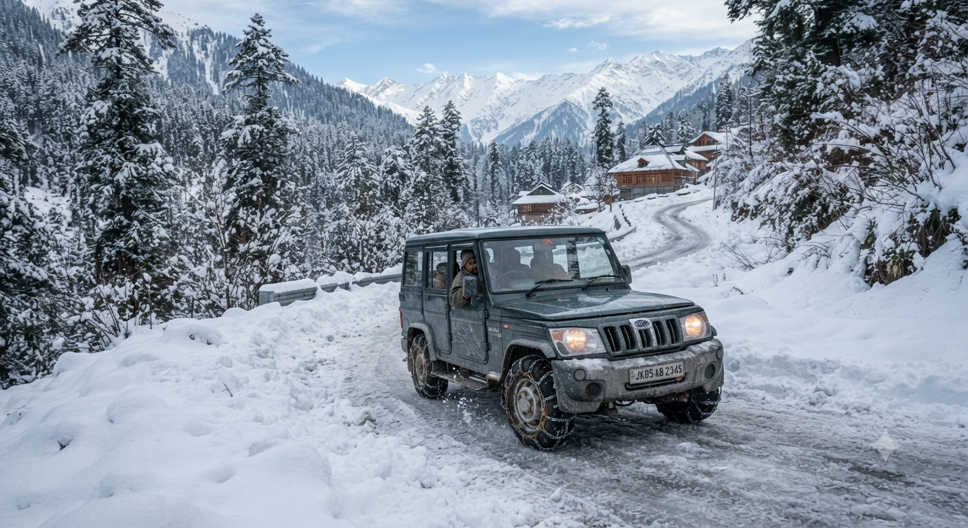 Kashmir Winter Tour Packages 2026 | Snow & Ski Deals 14 Kashmir winter tour packages - safe winter driving with snow chains in Gulmarg