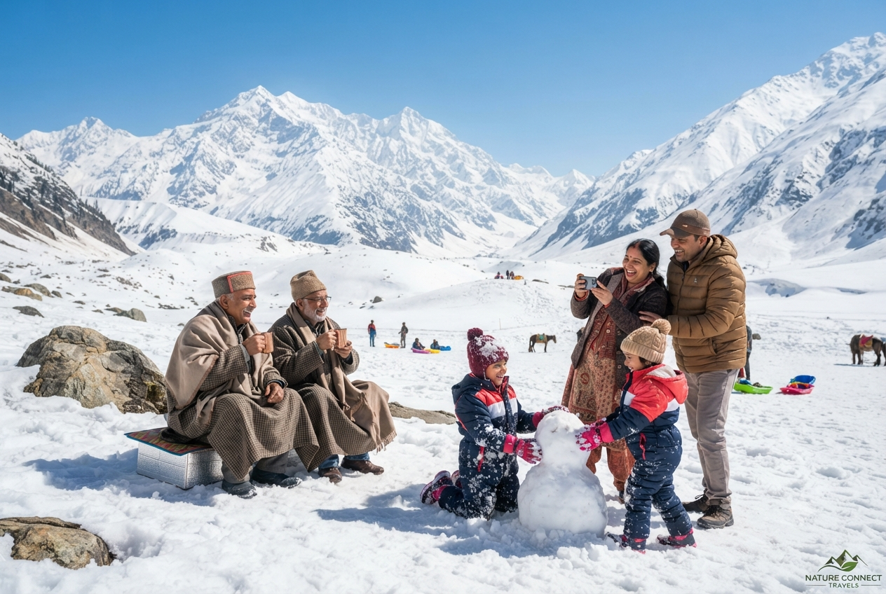 Kolkata to Kashmir 6 nights 7 days family package cost 2026 - Bengali family at Thajiwas Glacier Sonamarg

