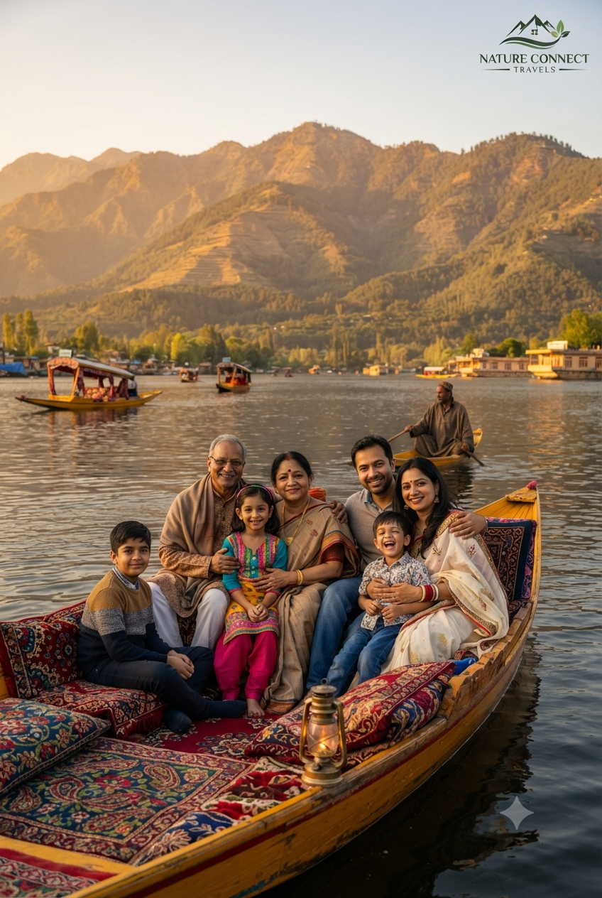Kolkata to Kashmir 6 nights 7 days family package cost 2026 - Bengali family enjoying shikara ride on Dal Lake