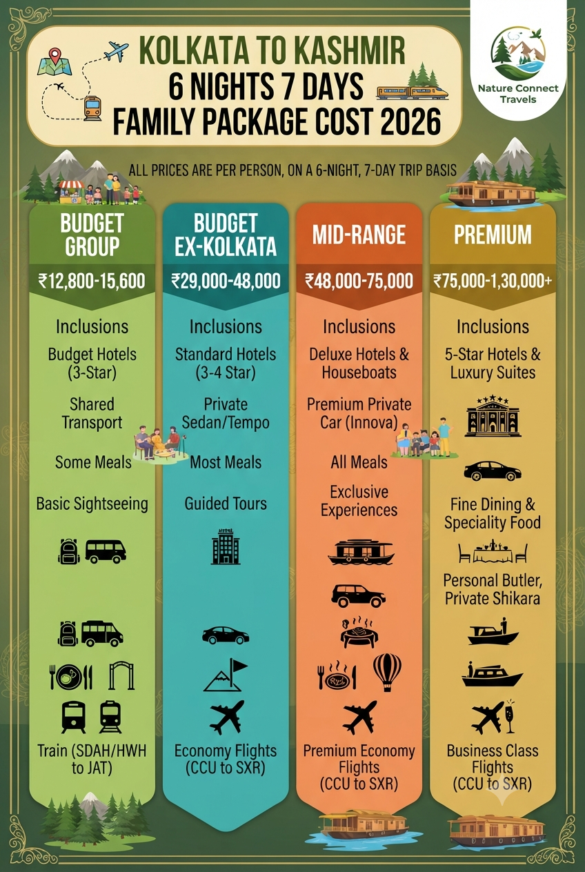 Kolkata to Kashmir 6 nights 7 days family package cost 2026 infographic - prices and travel options