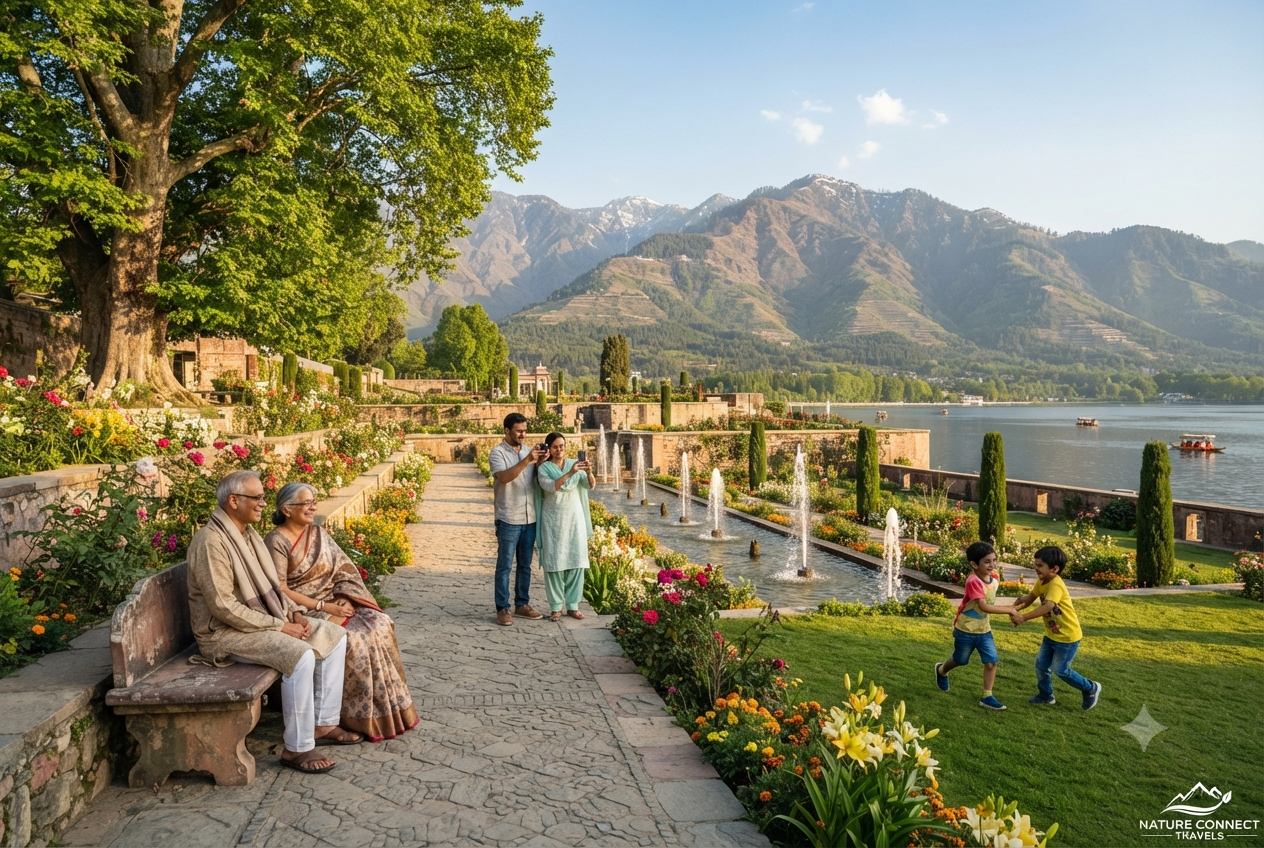 Kolkata to Kashmir family trip cost per person 2026 - Bengali family at Nishat Bagh Mughal Gardens

