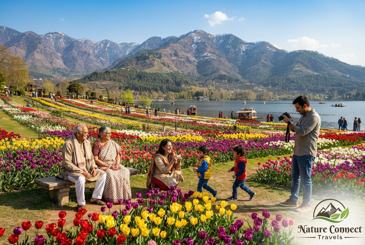 Kolkata to Kashmir family trip cost per person 2026 - Bengali family at Tulip Garden Srinagar