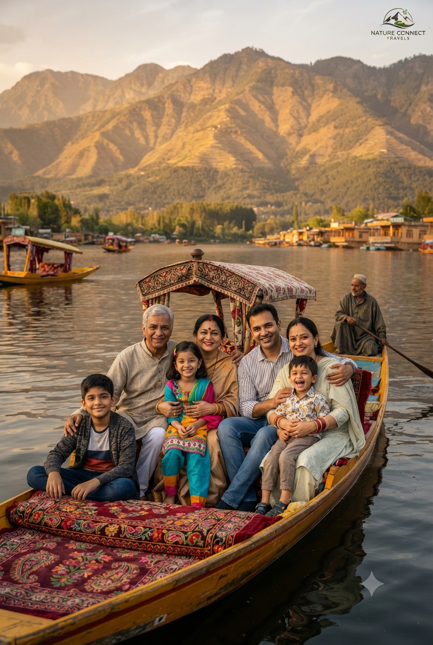 Kolkata to Kashmir family trip cost per person 2026 - Bengali family enjoying shikara ride on Dal Lake