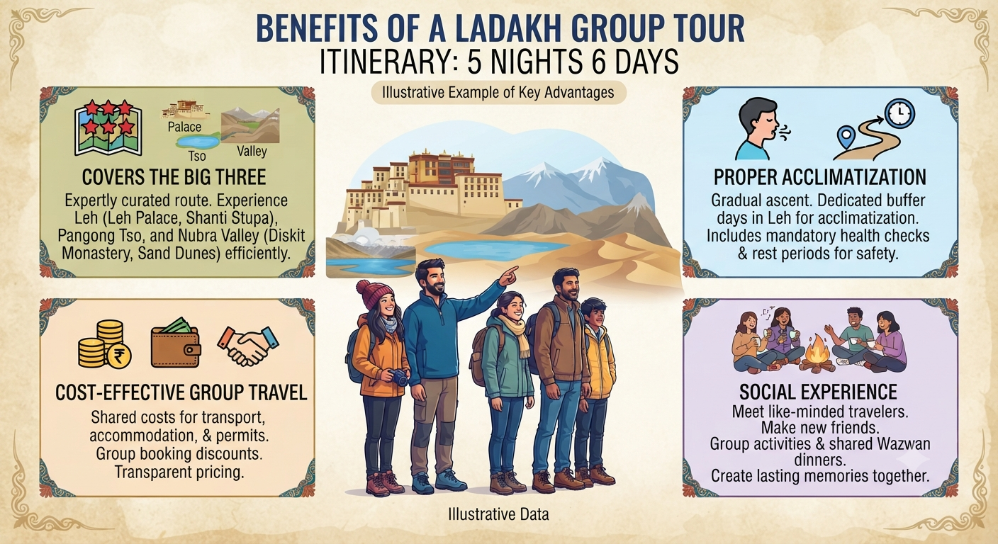 Ladakh Group Tour Itinerary 5 Nights 6 Days 2026 | ₹17,000 | Book Now 11 Ladakh group tour itinerary 5 nights 6 days 2026 - benefits infographic
