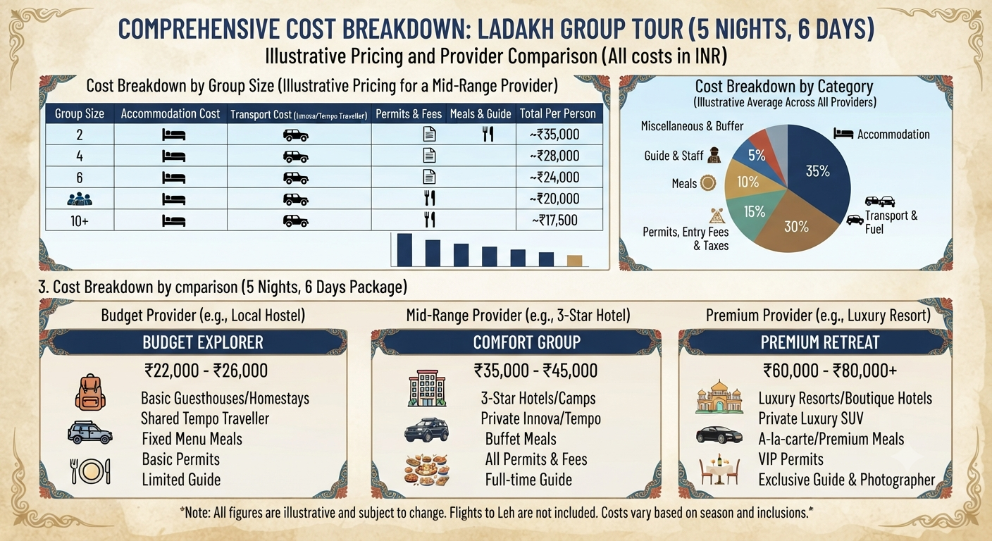 Ladakh Group Tour Itinerary 5 Nights 6 Days 2026 | ₹17,000 | Book Now 12 Ladakh group tour itinerary 5 nights 6 days 2026 - complete price breakdown infographic