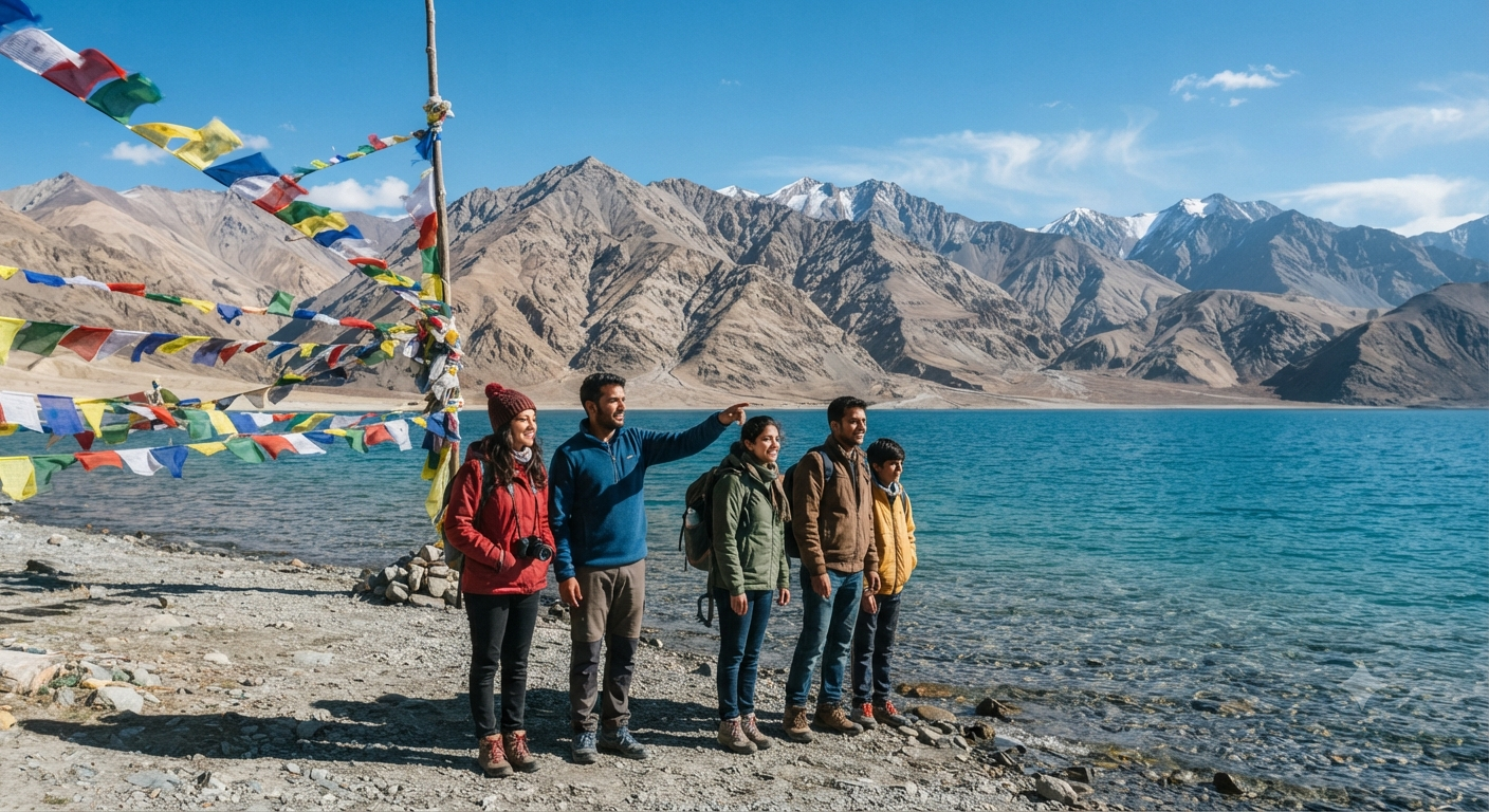 Ladakh Group Tour Itinerary 5 Nights 6 Days 2026 | ₹17,000 | Book Now 10 Ladakh group tour itinerary 5 nights 6 days 2026 - group at Pangong Lake with prayer flags