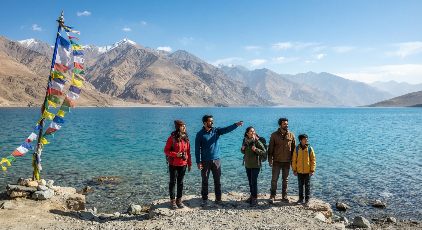 Ladakh Group Tour Itinerary 5 Nights 6 Days 2026 | ₹17,000 | Book Now 15 Ladakh group tour itinerary 5 nights 6 days 2026 - group at Pangong Lake