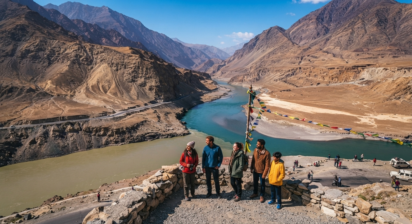Ladakh Group Tour Itinerary 5 Nights 6 Days 2026 | ₹17,000 | Book Now 14 Ladakh group tour itinerary 5 nights 6 days 2026 - group at Sangam Point Indus Zanskar confluence