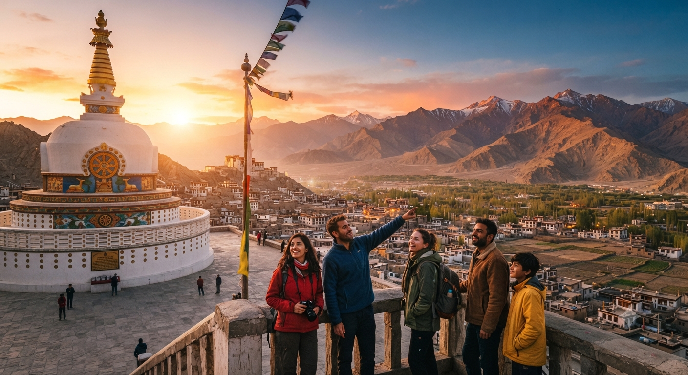 Ladakh Group Tour Itinerary 5 Nights 6 Days 2026 | ₹17,000 | Book Now 13 Ladakh group tour itinerary 5 nights 6 days 2026 - group at Shanti Stupa Leh