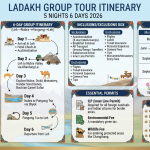 Ladakh group tour itinerary 5 nights 6 days 2026 infographic - pricing, itinerary, permits, inclusions
