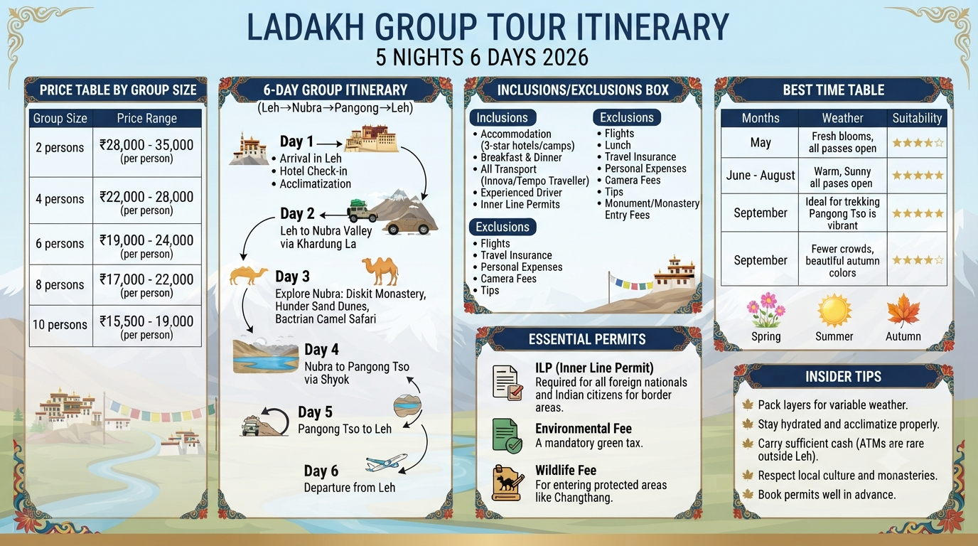 Ladakh group tour itinerary 5 nights 6 days 2026 infographic - pricing, itinerary, permits, inclusions