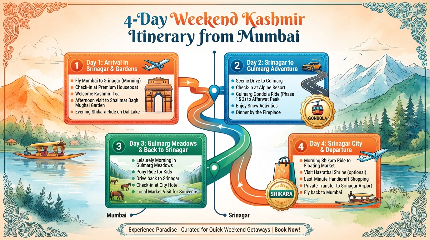 Last-Minute Weekend Kashmir Packages from Mumbai 2026 | ₹22K-30K (60 characters) 9 Last-minute weekend Kashmir packages from Mumbai - 4-day quick weekend itinerary infographic