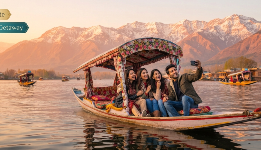 Last-minute weekend Kashmir packages from Mumbai - friends enjoying shikara ride on Dal Lake with Nature Connect Travels