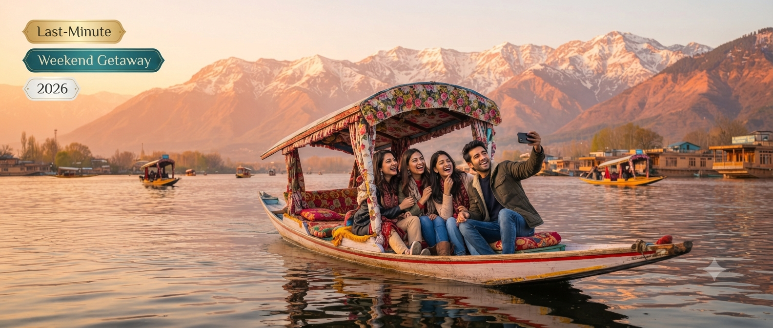 Last-minute weekend Kashmir packages from Mumbai - friends enjoying shikara ride on Dal Lake with Nature Connect Travels