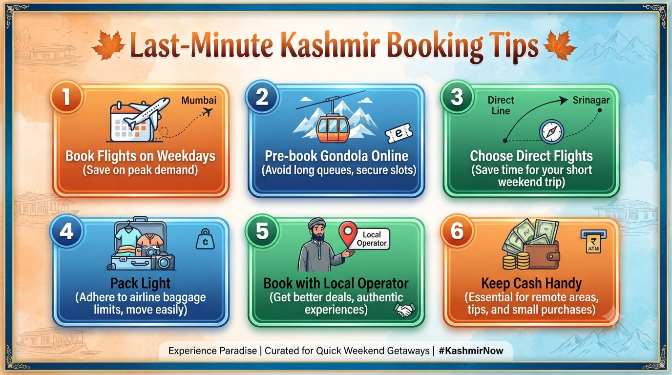 Last-Minute Weekend Kashmir Packages from Mumbai 2026 | ₹22K-30K (60 characters) 10 Last-minute weekend Kashmir packages from Mumbai - last-minute booking tips infographic