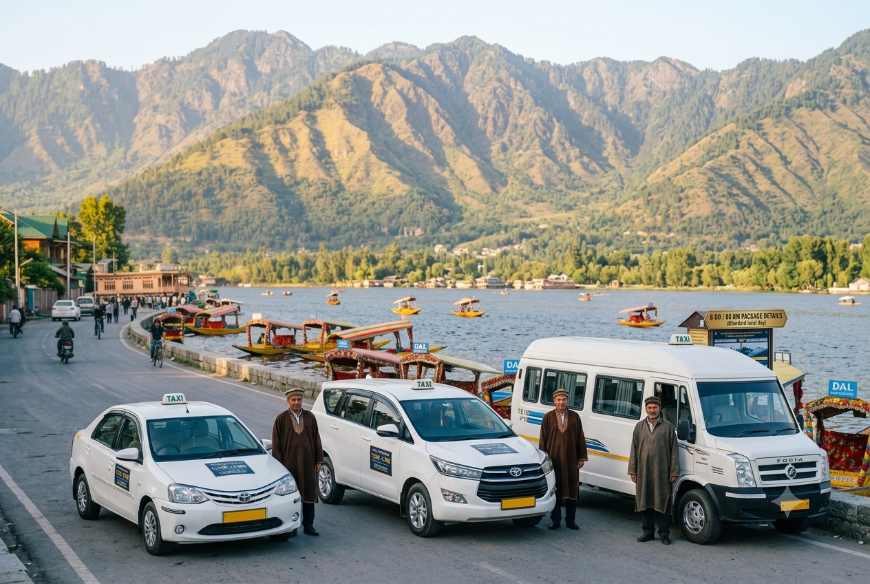 Local taxi Srinagar 2026 - sedan SUV and Tempo Traveller fleet on Dal Lake