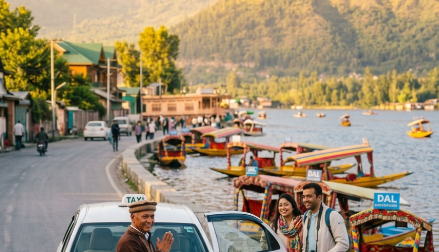 Local taxi Srinagar 2026 - sedan on Dal Lake Boulevard with Kashmiri driver