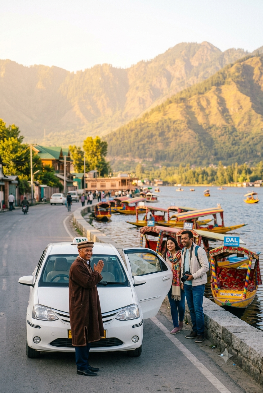 Local taxi Srinagar 2026 - sedan on Dal Lake Boulevard with Kashmiri driver