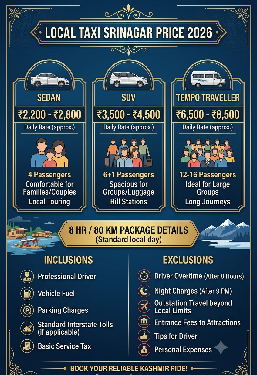 Local taxi Srinagar price 2026 infographic - vehicle options and rates