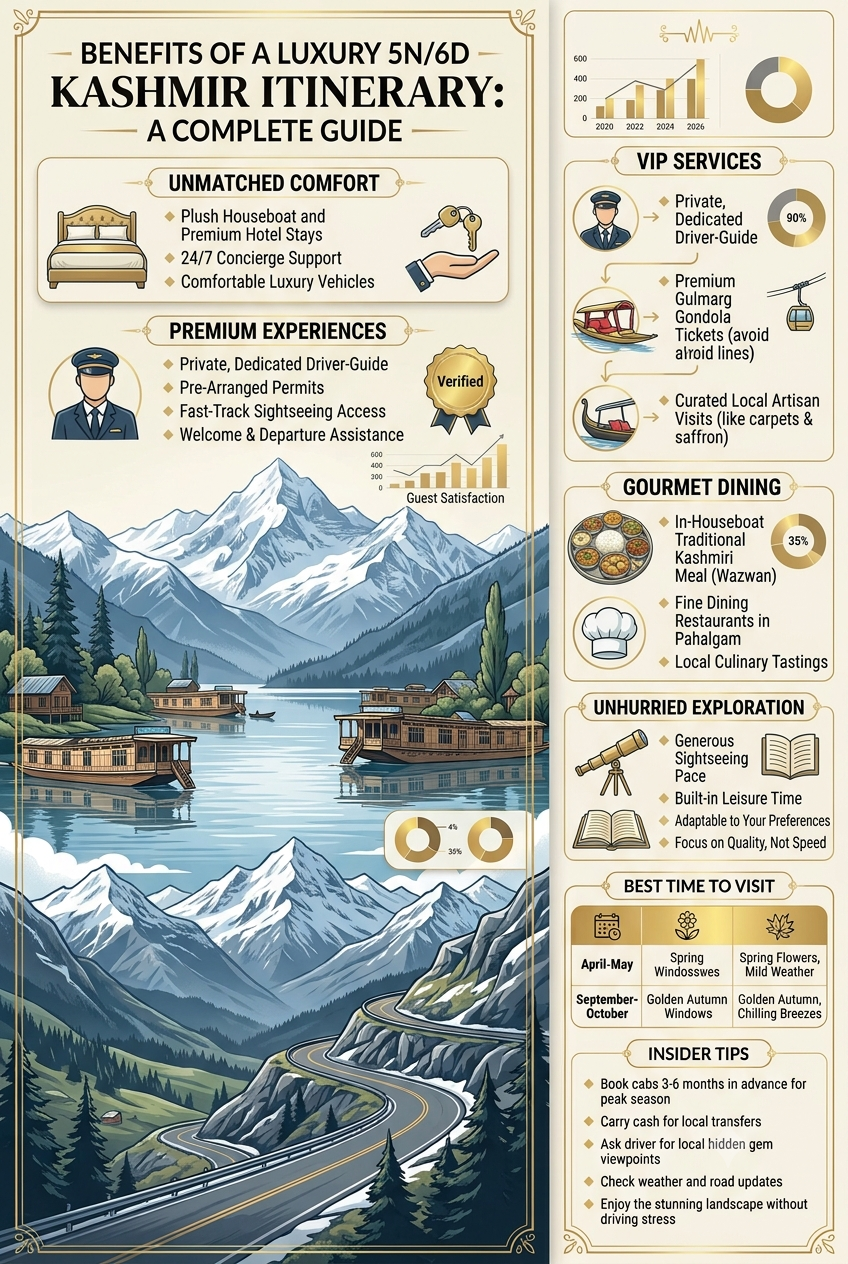 Luxury 5 Nights 6 Days Kashmir Itinerary 2026 | ₹42,045 | Book Now 10 Luxury 5 nights 6 days Kashmir itinerary 2026 - benefits infographic