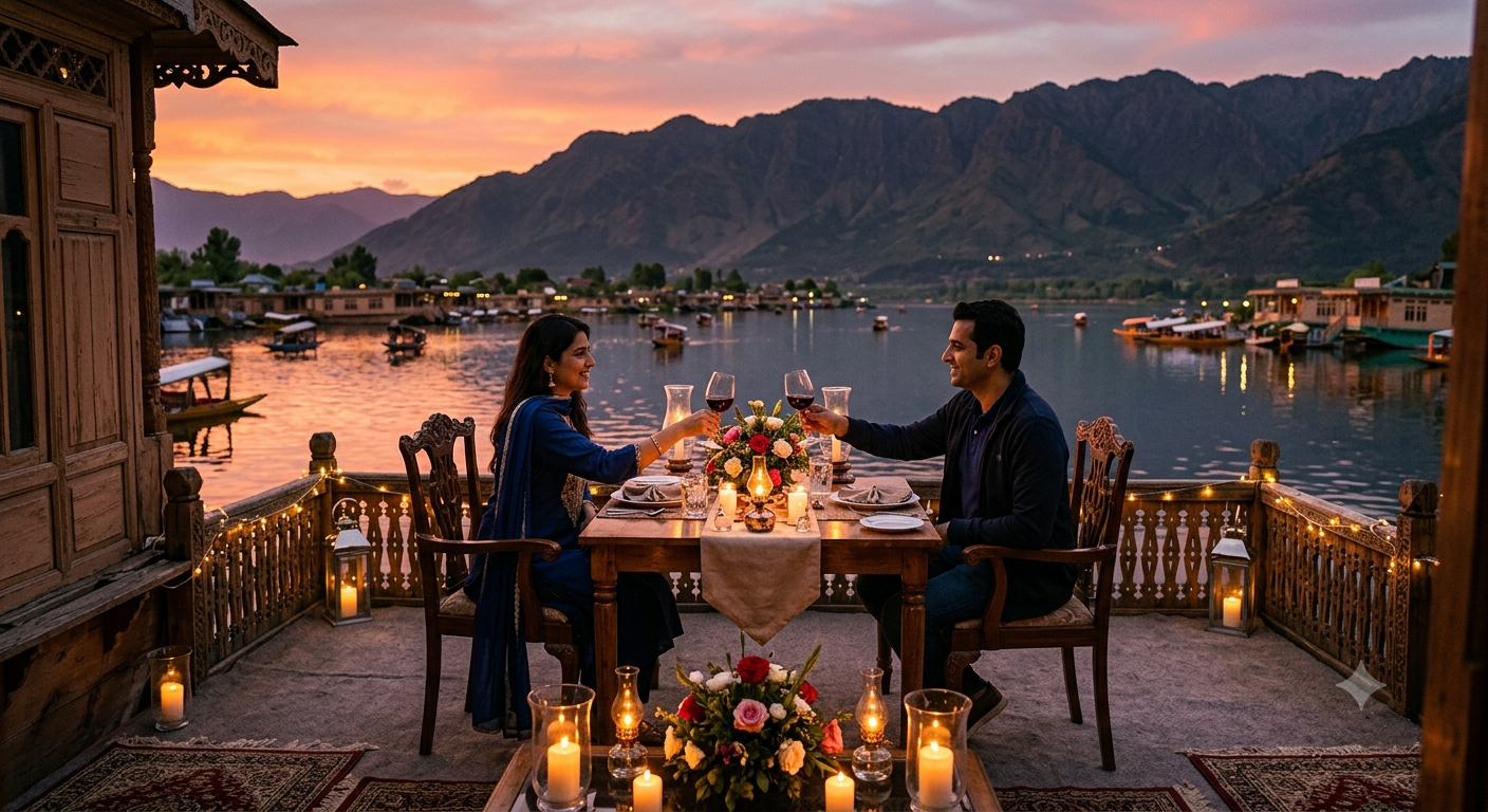 Luxury 5 Nights 6 Days Kashmir Itinerary 2026 | ₹42,045 | Book Now 13 Luxury 5 nights 6 days Kashmir itinerary 2026 - candlelight dinner on houseboat deck