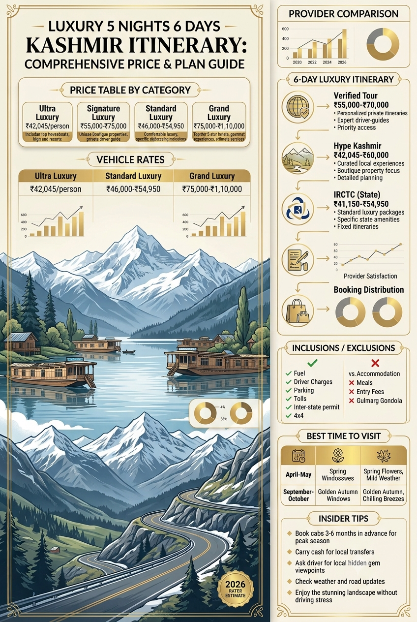 Luxury 5 Nights 6 Days Kashmir Itinerary 2026 | ₹42,045 | Book Now 11 Luxury 5 nights 6 days Kashmir itinerary 2026 - complete price breakdown infographic