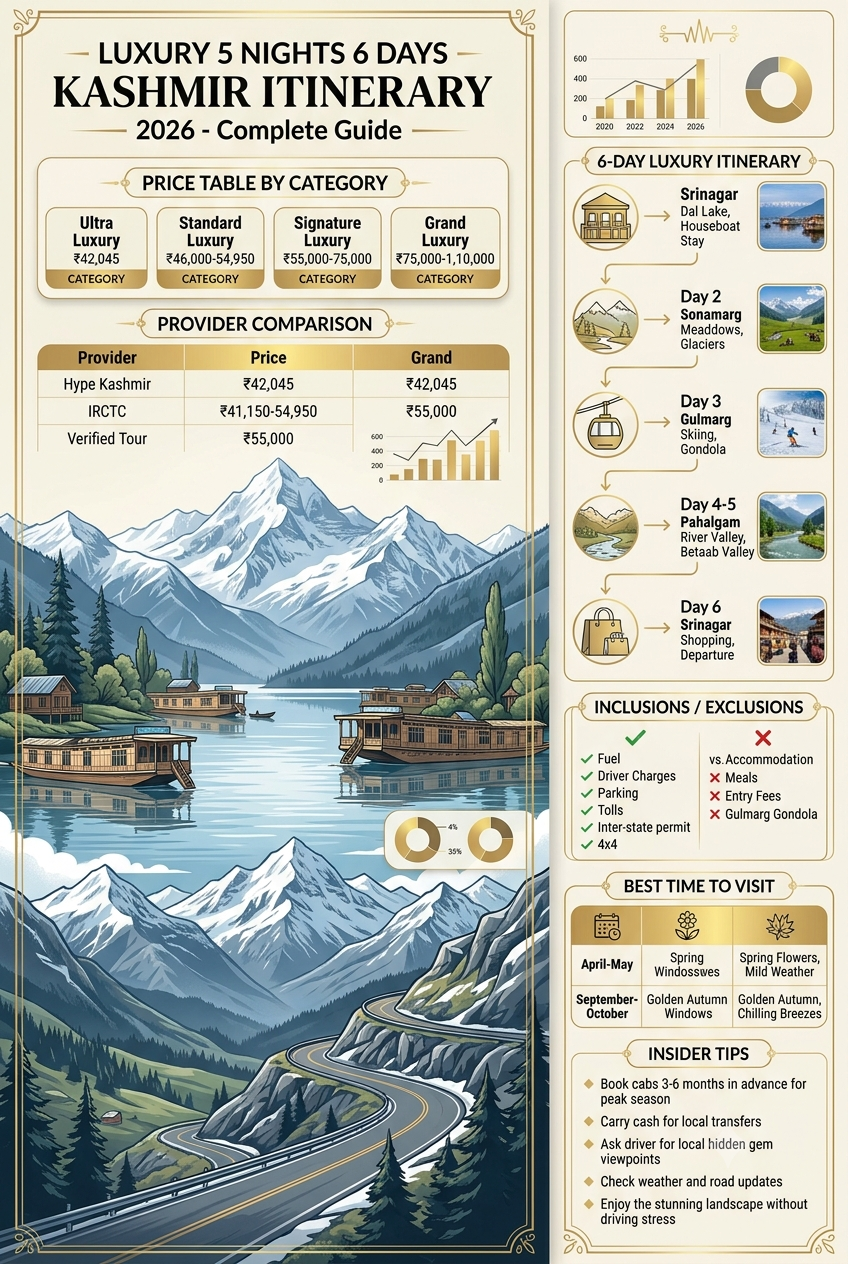 Luxury 5 nights 6 days Kashmir itinerary 2026 infographic - pricing, itinerary, inclusions