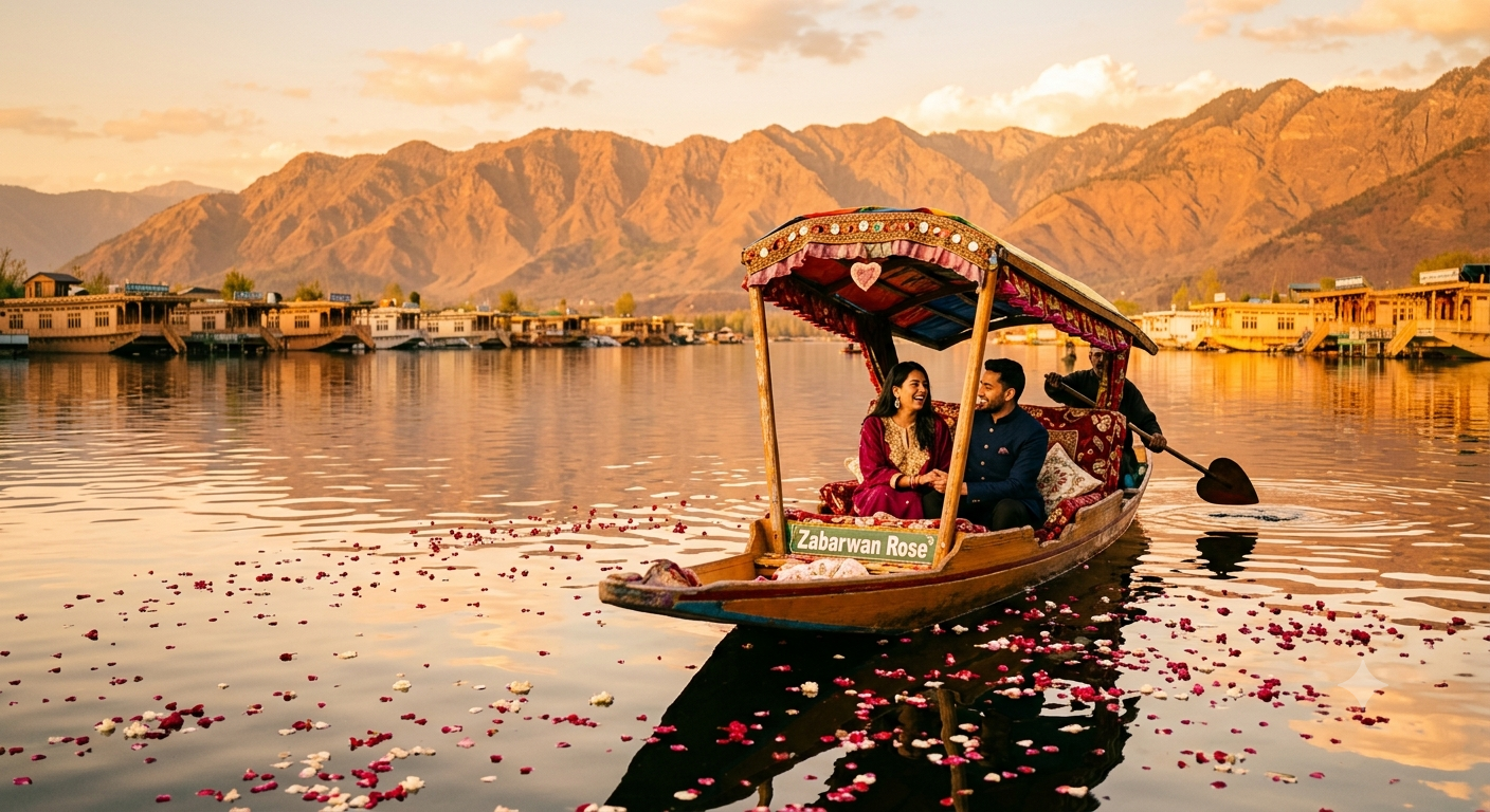 Luxury 5 Nights 6 Days Kashmir Itinerary 2026 | ₹42,045 | Book Now 9 Luxury 5 nights 6 days Kashmir itinerary and cost 2026 - private shikara ride on Dal Lake at golden hour