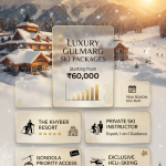 Luxury Gulmarg ski packages 2026 Premium pricing infographic with The Khyber Resort and mountains