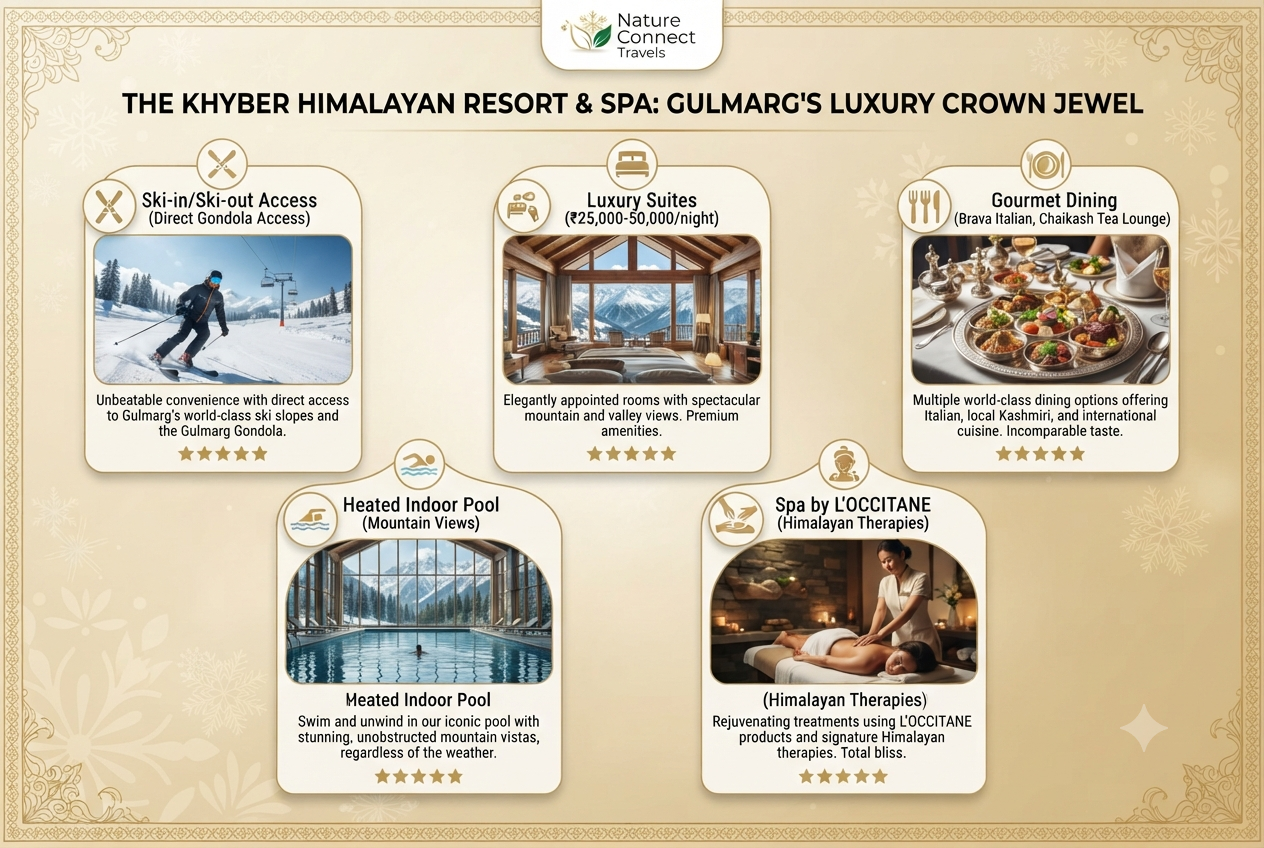 Professional infographic design, ultra-realistic, 8K resolution, horizontal format. A visually stunning infographic showing the Gulmarg Gondola experience included in luxury Gulmarg ski packages. A vertical timeline with three elegant cards: "Phase 1: Kongdori (3,050m) - Panoramic Views" with a gondola ascending image, "Phase 2: Apharwat Peak (3,980m) - High-Altitude Skiing" with a skiing image at the peak, and "Priority Access - Skip the Queues" with a priority pass icon and VIP badge. Each card shows the altitude, key activities, and a "Premium Access" badge. A small map at the bottom shows the gondola route with elevation markers. The design uses a sophisticated gold, cream, and deep blue color palette, elegant typography, clean infographic styling, and subtle mountain pattern accents. The infographic is highly engaging and makes the gondola experience easy to understand. Logo: Nature Connect Travels. --ar 3:2 --style raw --v 6

