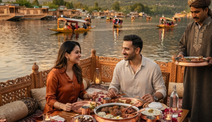 Luxury Kashmir package from Bangalore 2026 - private Wazwan dinner on luxury houseboat at Dal Lake