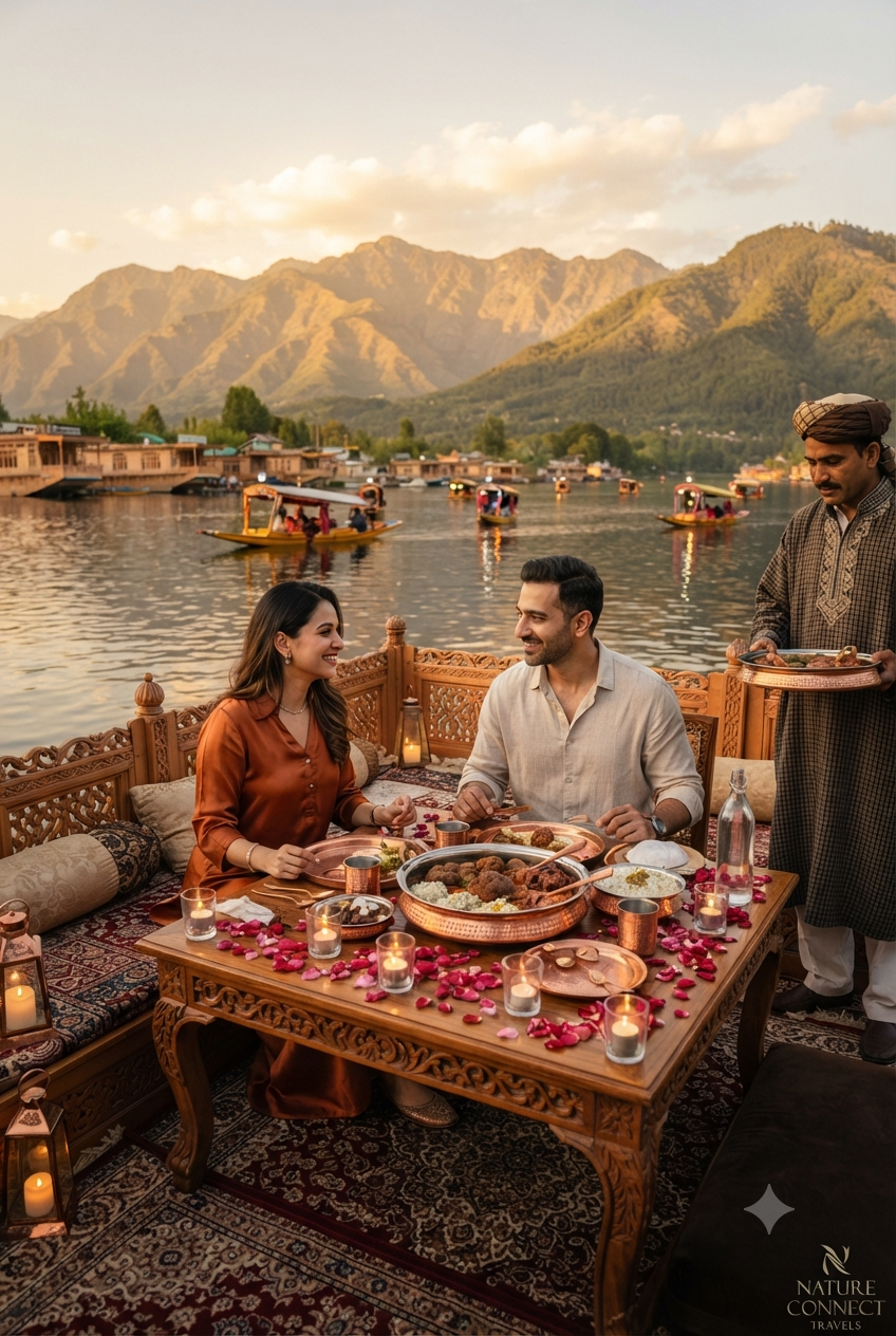 Luxury Kashmir package from Bangalore 2026 - private Wazwan dinner on luxury houseboat at Dal Lake