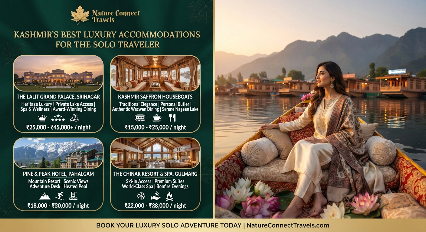 Luxury Kashmir solo travel 2026 - Best solo traveler accommodations infographic