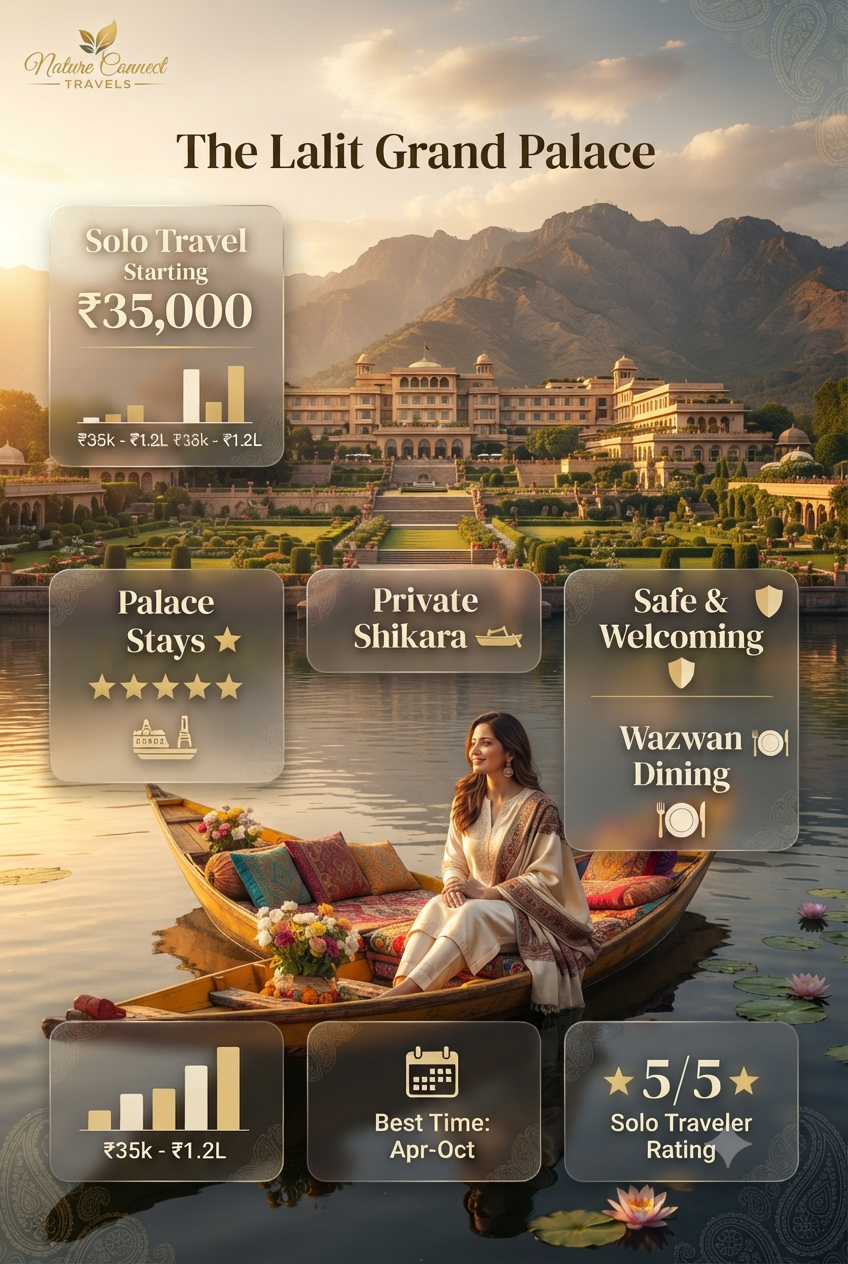 Luxury Kashmir solo travel 2026 - Premium pricing infographic with palace and solo traveler