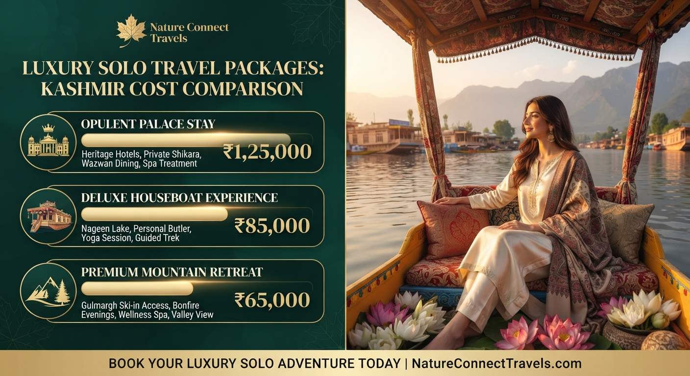 Luxury Kashmir solo travel 2026 - Solo package pricing infographic