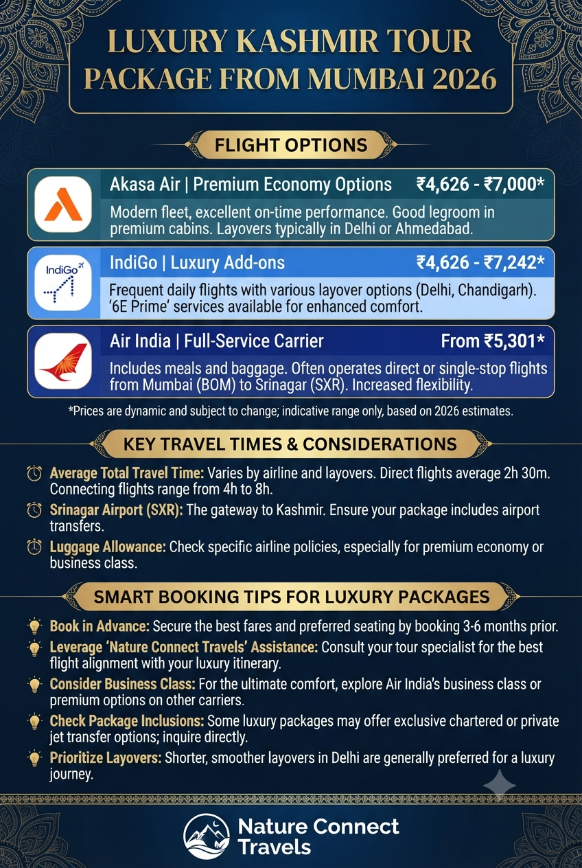 Luxury Kashmir tour package from Mumbai 2026 flight options infographic