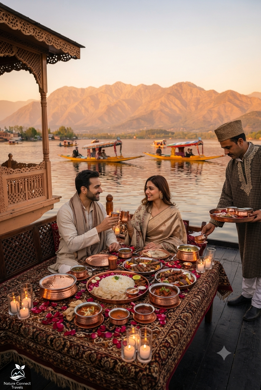 Luxury Kashmir tour package from Mumbai 2026 - private Wazwan dinner on luxury houseboat at Dal Lake