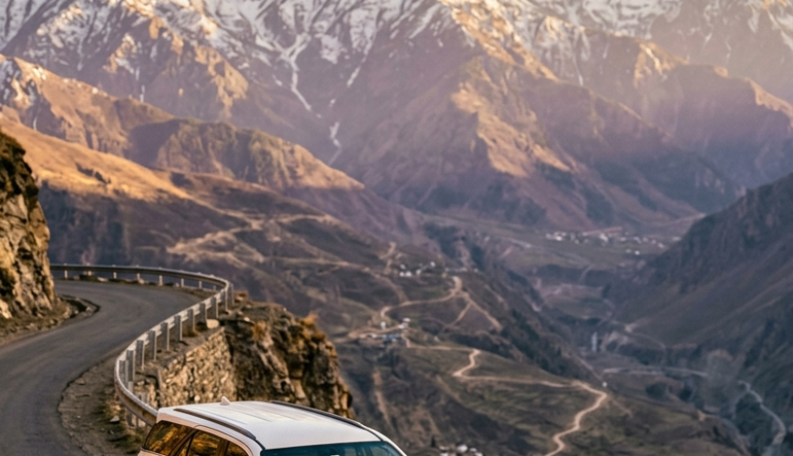Luxury SUV rental Srinagar price per day 2026 - Toyota Fortuner on mountain road with Himalayas