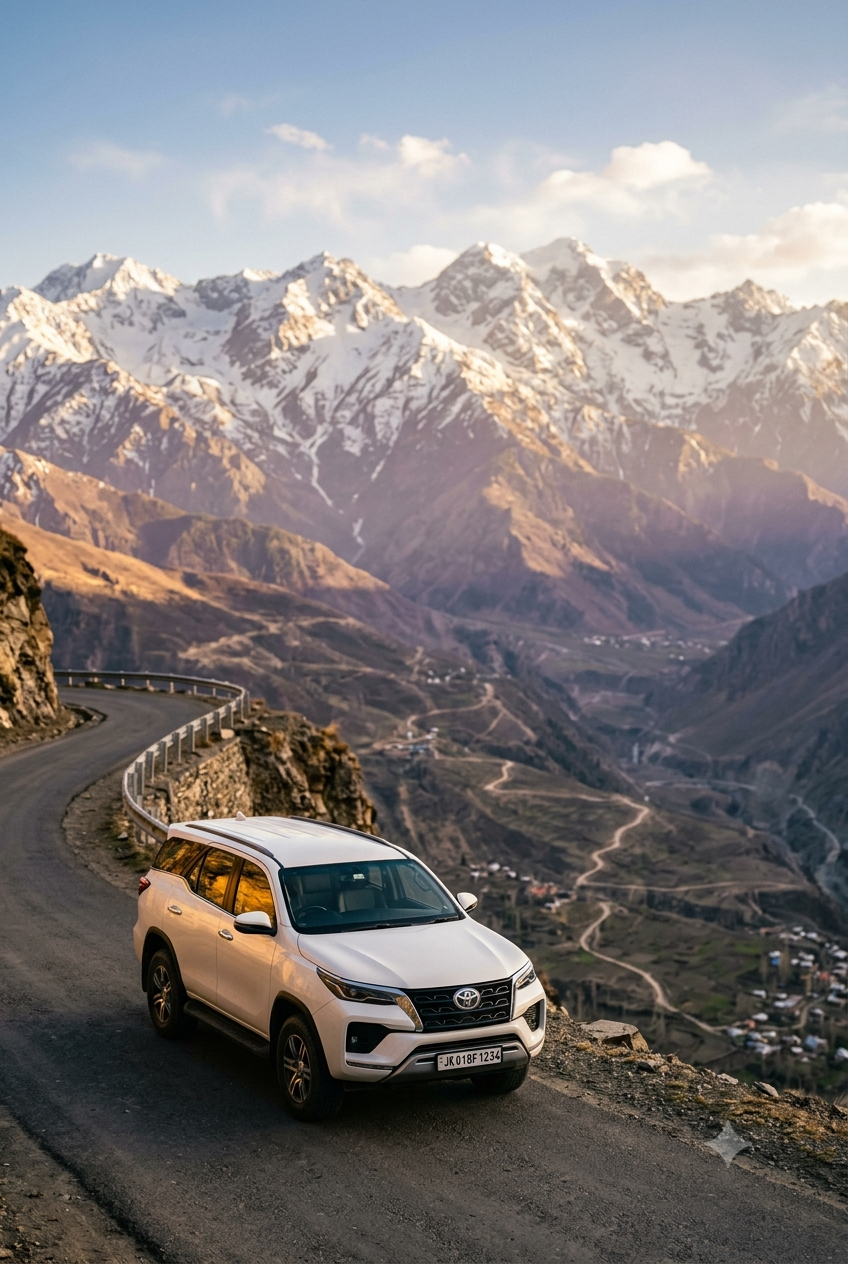 Luxury SUV rental Srinagar price per day 2026 - Toyota Fortuner on mountain road with Himalayas