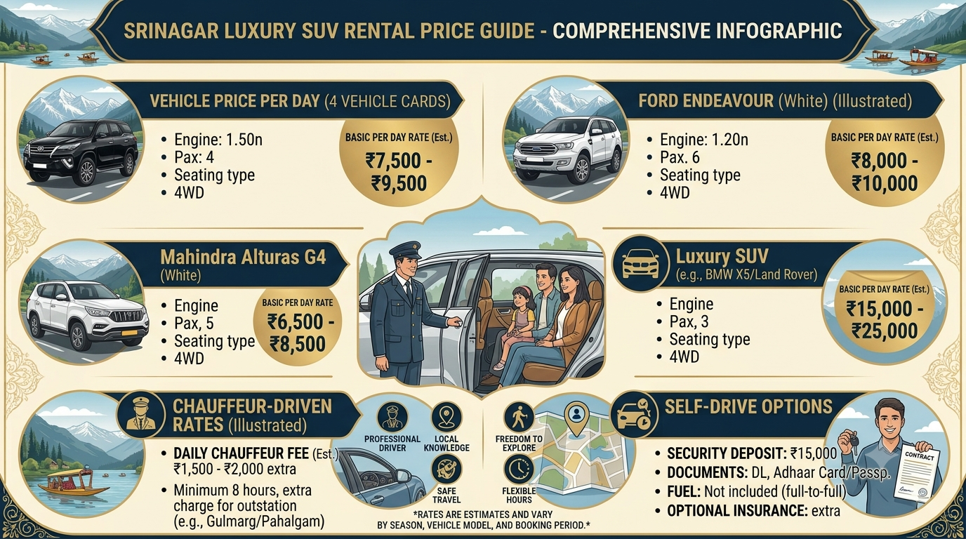 Luxury SUV rental Srinagar price per day 2026 - complete rate guide infographic
