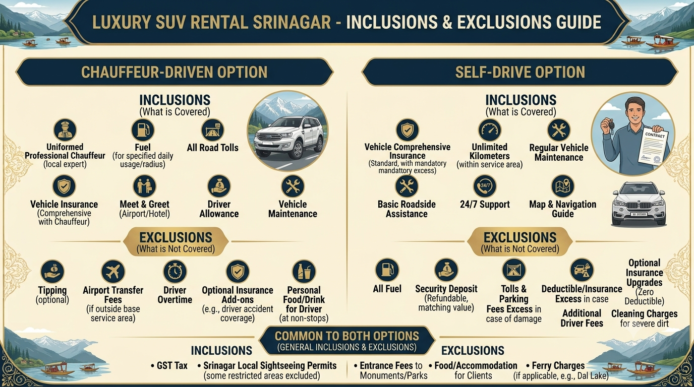 Luxury SUV rental Srinagar price per day 2026 - inclusions and exclusions infographic