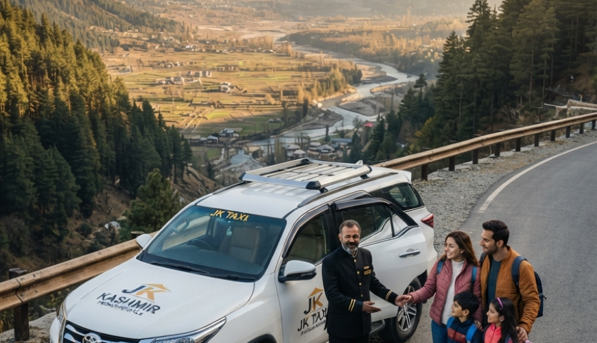 Luxury SUV rental Srinagar with driver 2026 - Toyota Fortuner on scenic Kashmir road