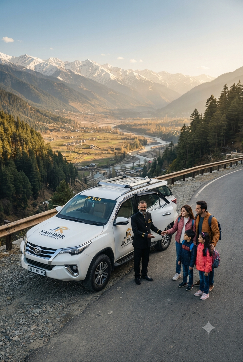 Luxury SUV rental Srinagar with driver 2026 - Toyota Fortuner on scenic Kashmir road