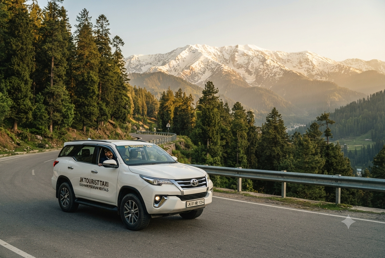Luxury SUV rental Srinagar with driver 2026 - Toyota Fortuner on scenic mountain road