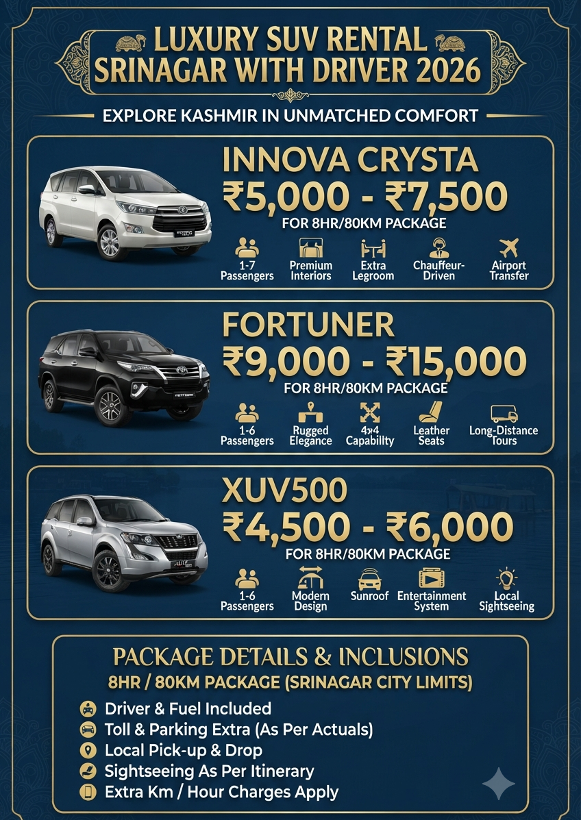 Luxury SUV rental Srinagar with driver 2026 infographic vehicle options and daily rates
