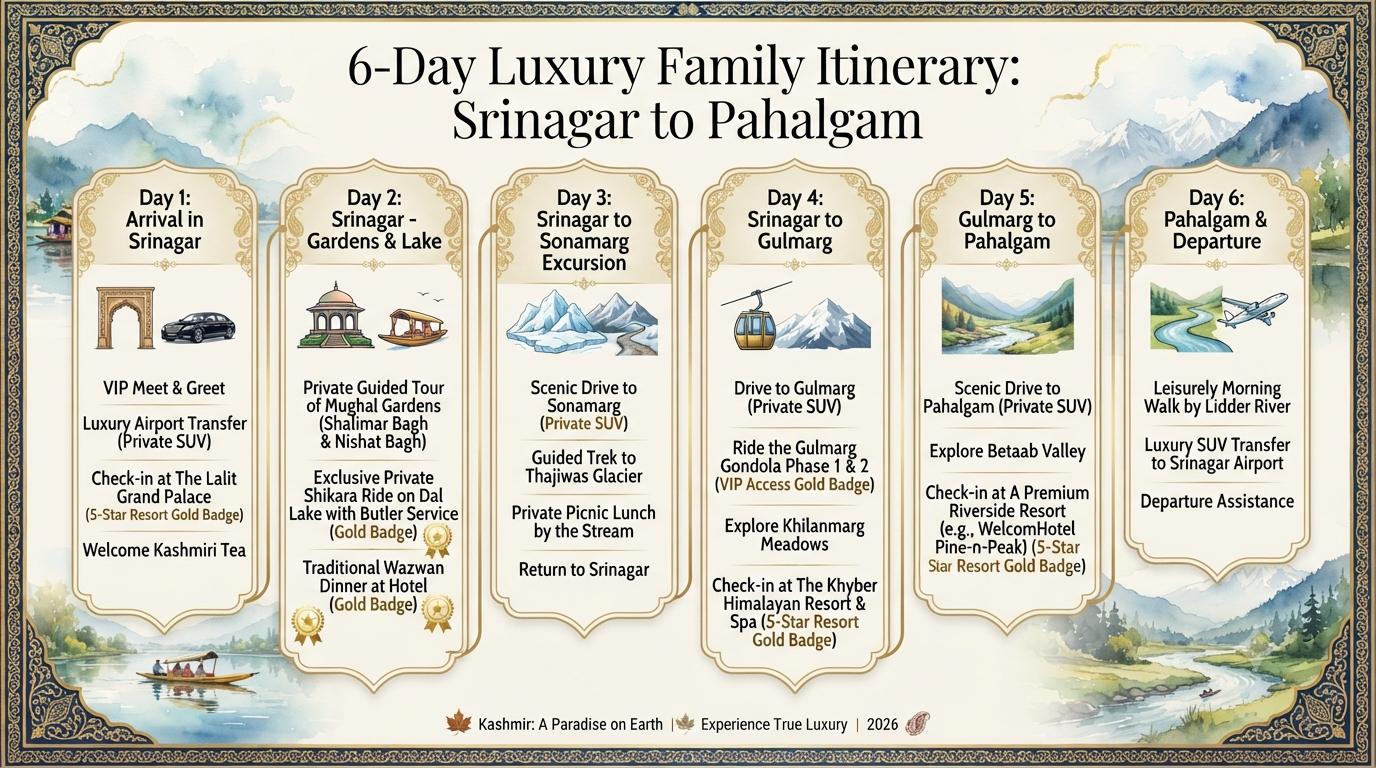 Luxury Srinagar to Pahalgam family tour packages with flights - 6-day luxury family itinerary infographic premium Kashmir tour