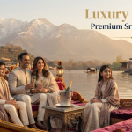 Luxury Srinagar to Pahalgam family tour packages with flights - elegant family enjoying private shikara on Dal Lake with Nature Connect Travels