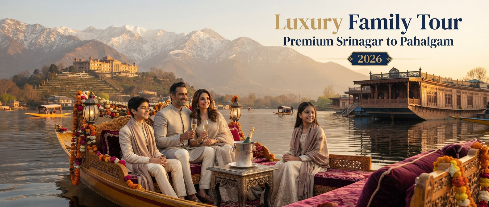 Luxury Srinagar to Pahalgam family tour packages with flights - elegant family enjoying private shikara on Dal Lake with Nature Connect Travels